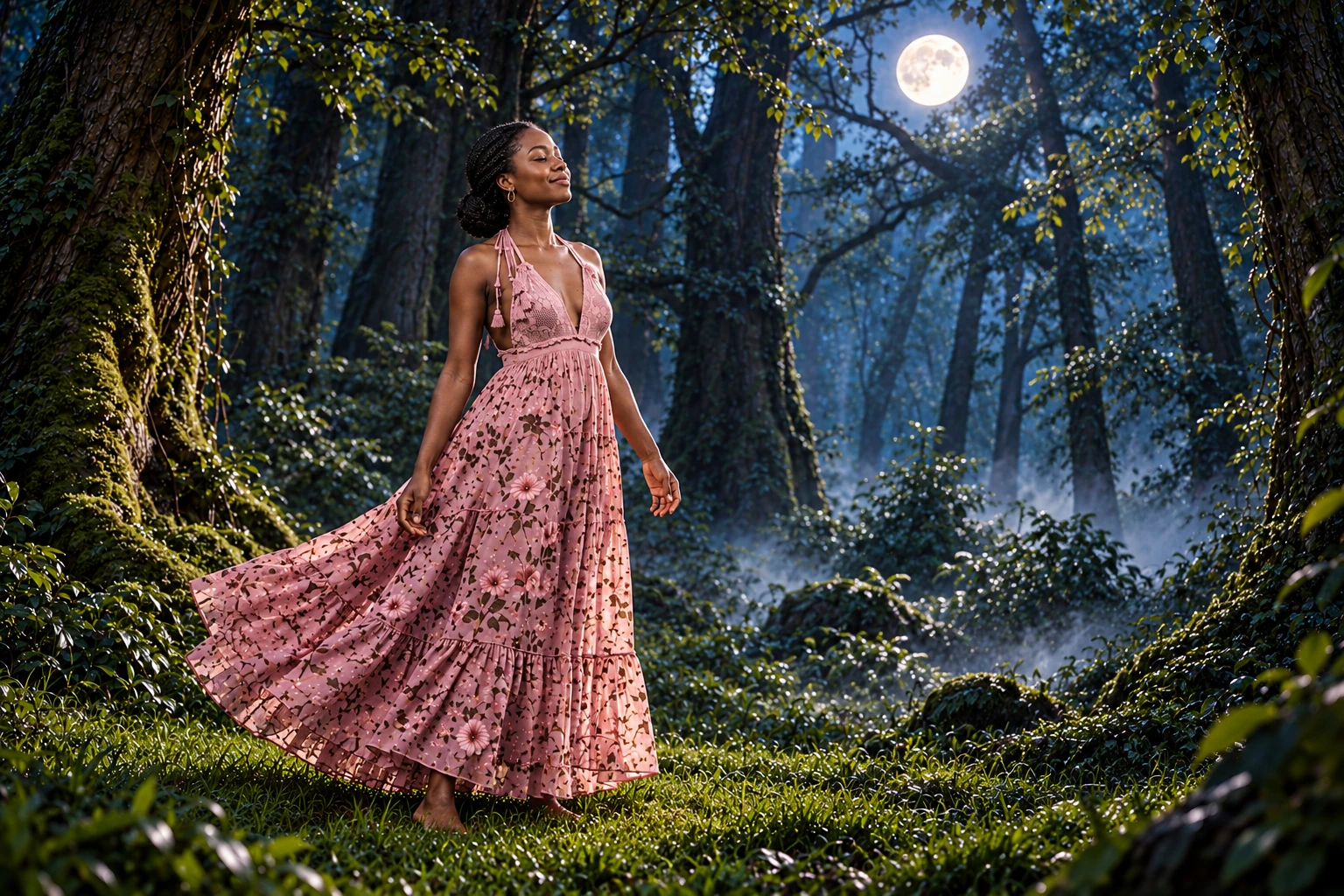 An imagined portrait of Rodah in the same floral dress, barefoot among moonlit trees, eyes closed with a relaxed expression as the breeze moves her skirt.