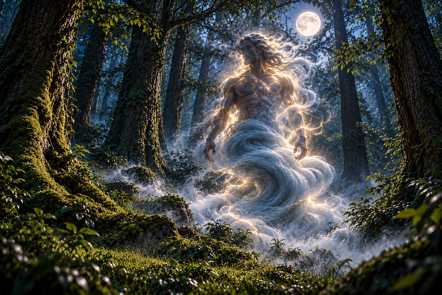 An imagined genie formed from silver-blue mist and gold light, alone among dense moonlit forest trees.
