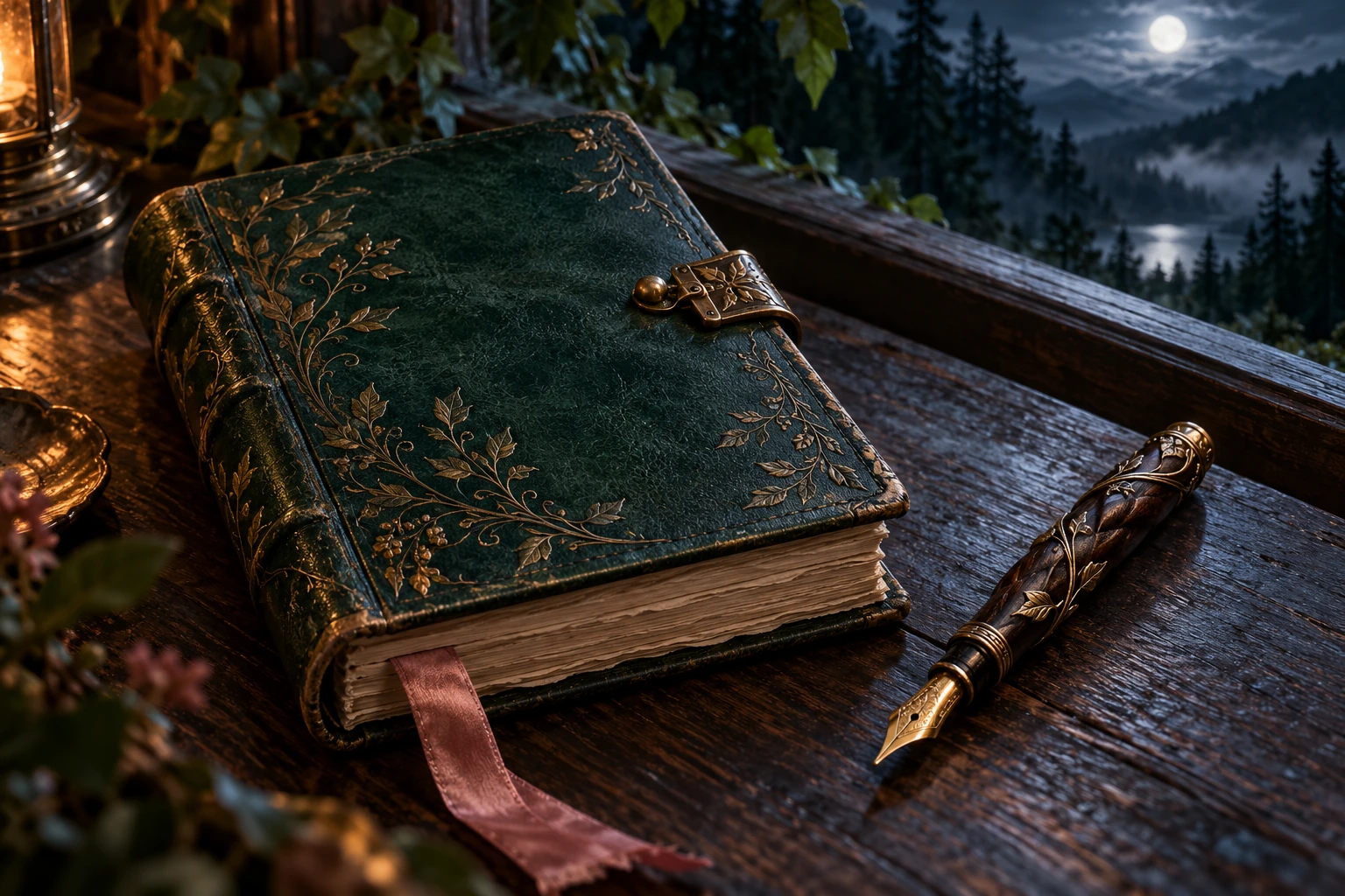A private green leather wish journal with a brass clasp and pink ribbon, beside an unusual carved fountain pen in a moonlit writing space.