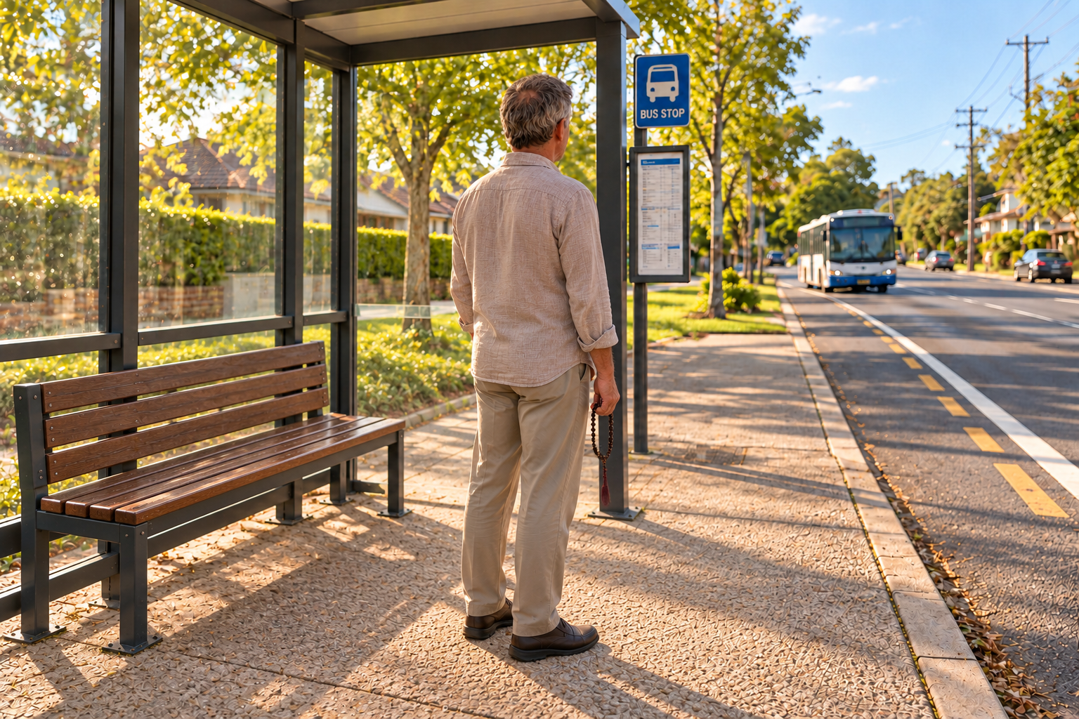 An older man seen from behind at a bus stop, holding prayer beads quietly in one hand while facing an approaching bus; a wooden bench sits against the shelter wall.