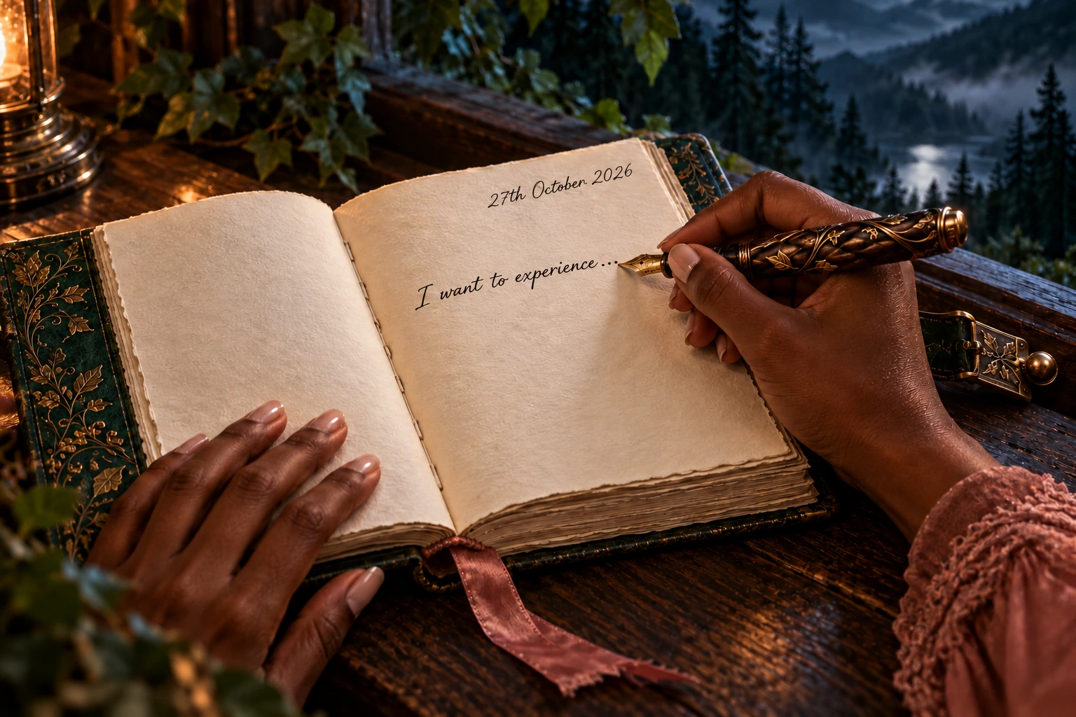 A dark-brown hand holds an ornate fountain pen over the right-hand page of an open journal. The page reads 27th October 2026 and I want to experience…