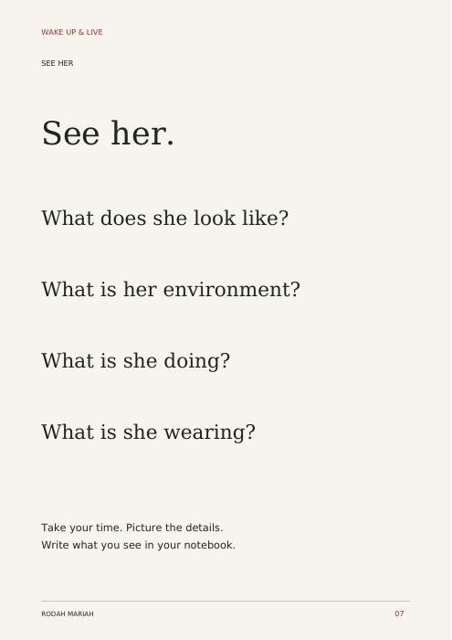 See her: questions about her appearance, environment, activity and clothing