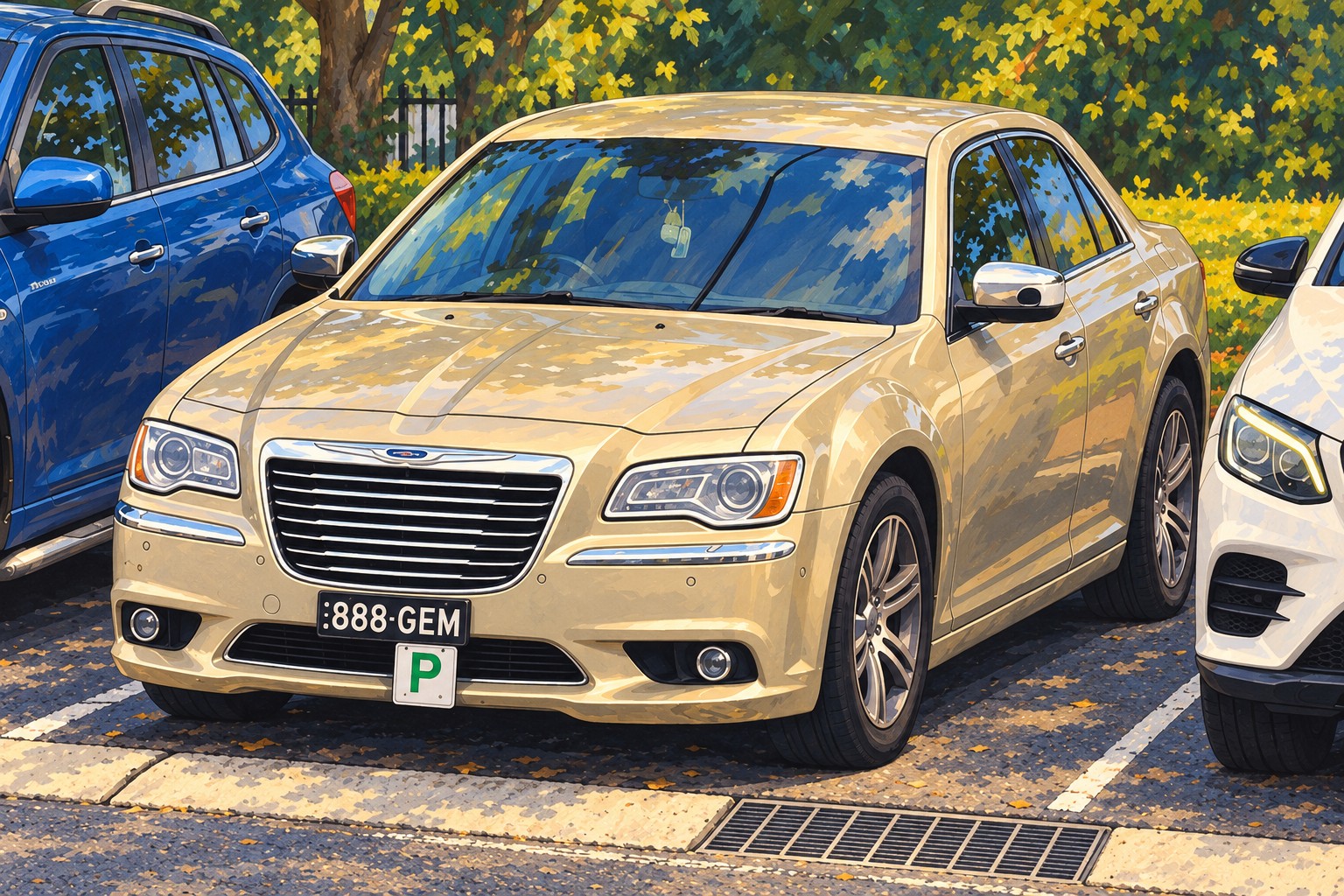 Illustrated car with number plate 888 GEM