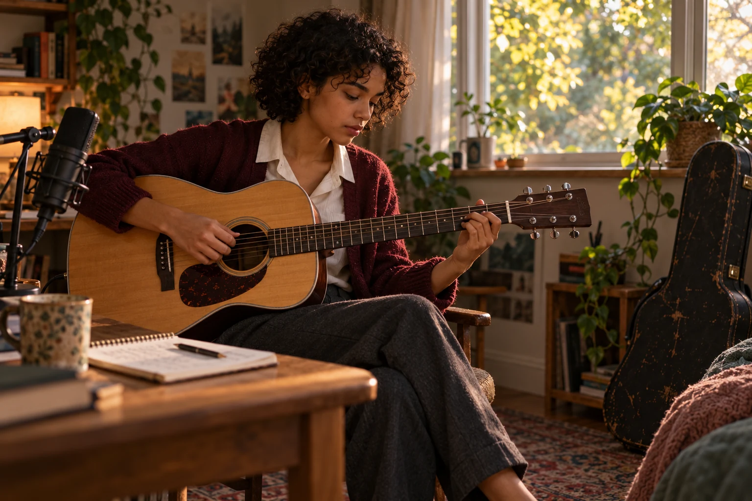The same musician returns to practising her acoustic guitar in her quiet room.