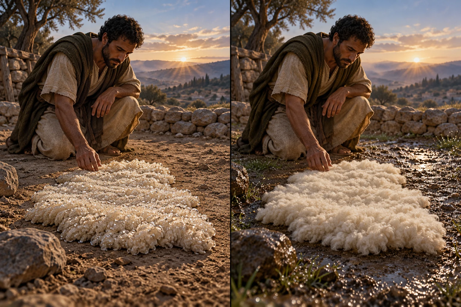 Two matched imagined scenes: on the left, wet wool on dry ground; on the right, dry wool on dew-covered ground.
