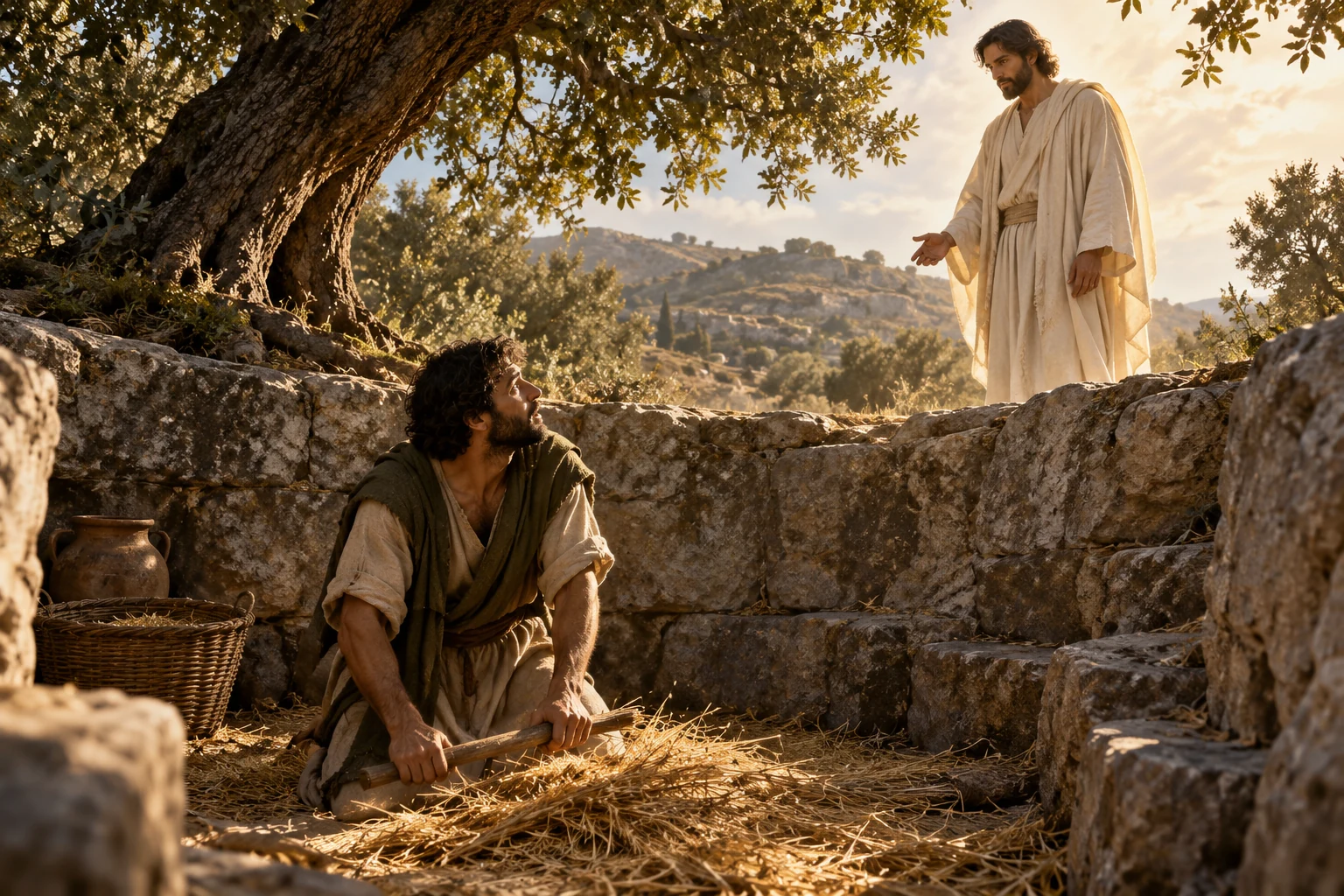 An imagined biblical illustration of Gideon threshing wheat in a sunken winepress as a messenger appears beside him.