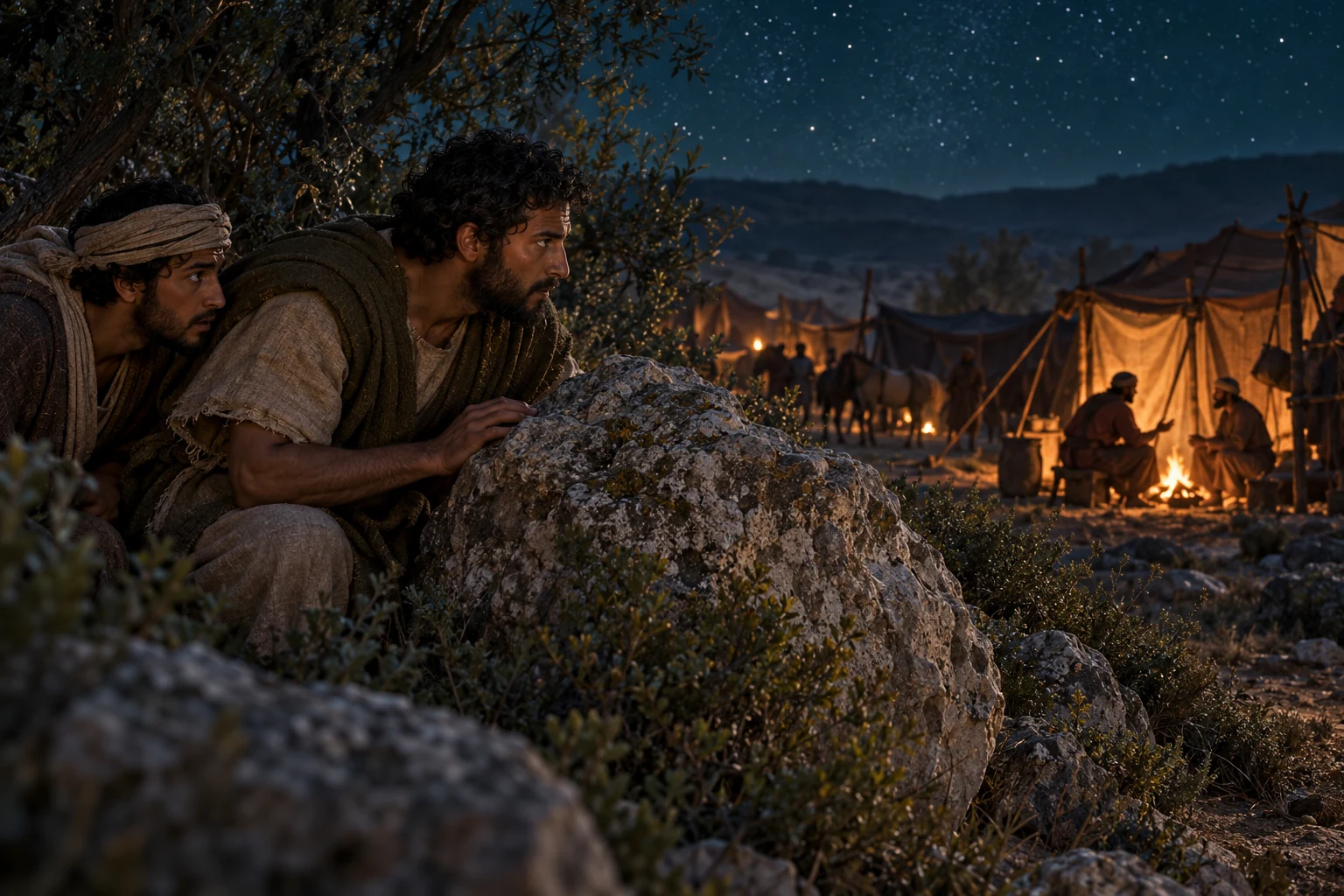 Imagined illustration of Gideon and Purah listening to a conversation at the edge of an ancient camp at night.