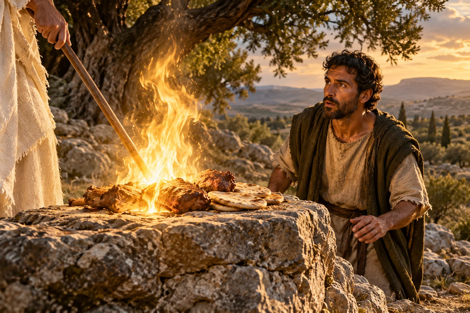 Imagined illustration: fire rises from a rock beneath Gideon’s offering as a messenger touches it with a staff.