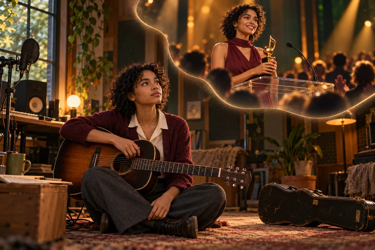 An editorial photo-illustration: the musician sits in her real room while an imagined scene above her shows her receiving a music award.
