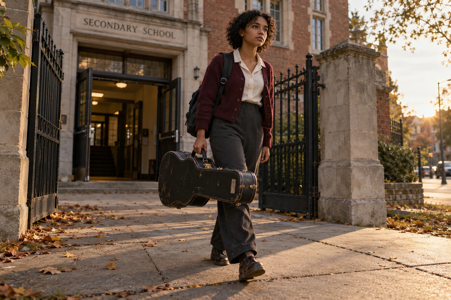 A fictional young musician with short curls leaves a school carrying her guitar case.