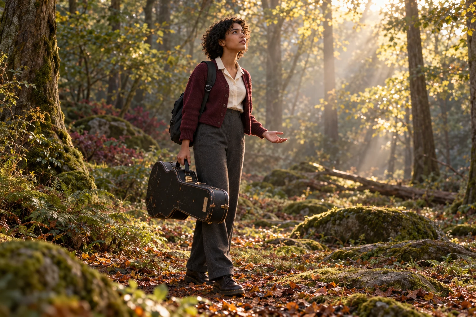 A fictional young musician pauses among trees, quietly asking for guidance