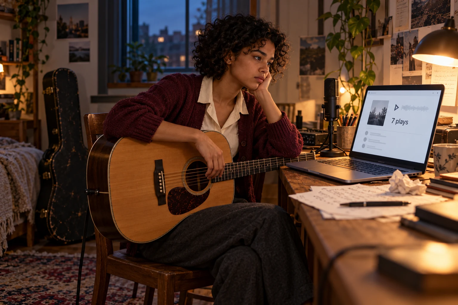 The same musician pauses in her small recording room, a guitar in her lap and only seven plays on her uploaded music.