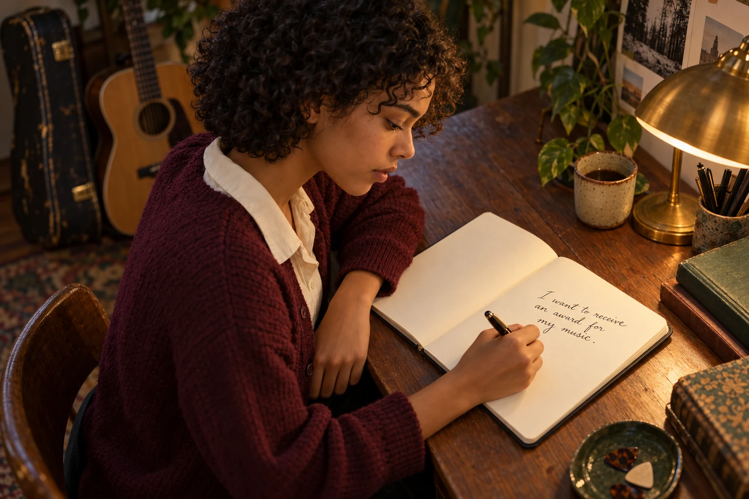 The same musician writes in her notebook: I want to receive an award for my music.